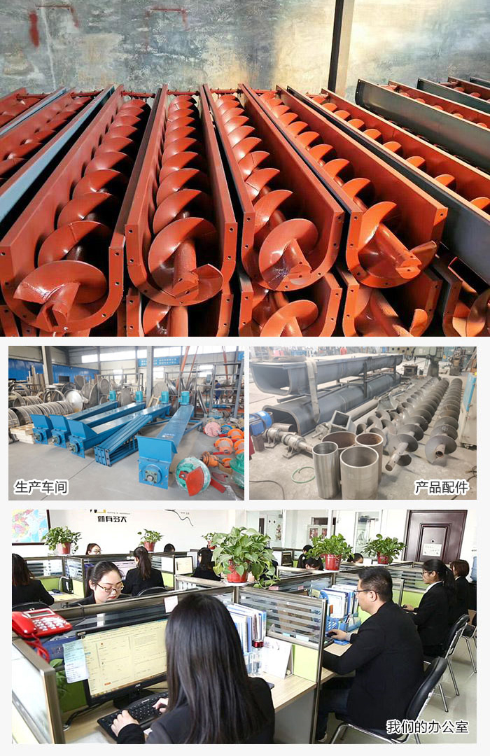 絞龍螺旋輸送機產(chǎn)品，廠區(qū)，以及辦公場地展示圖。