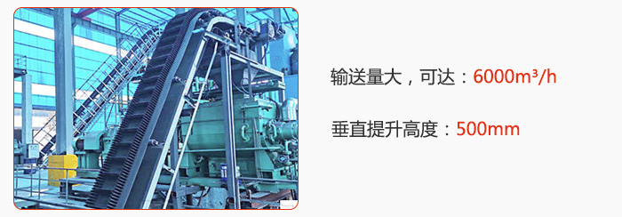 大傾角帶式輸送機輸送量大，可達：6000m3/h，垂直提升高度：500mm